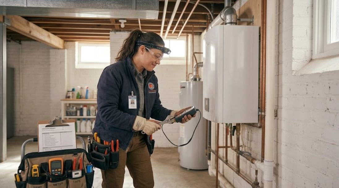 Boiler repair technician troubleshooting a residential heating boiler in Brighton Beach, Brooklyn